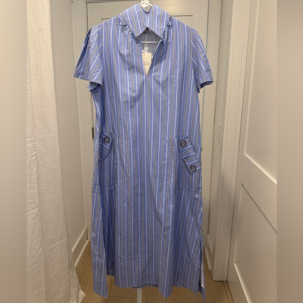 Blue Striped Midi Dress - Classic Collared Shirt Dress